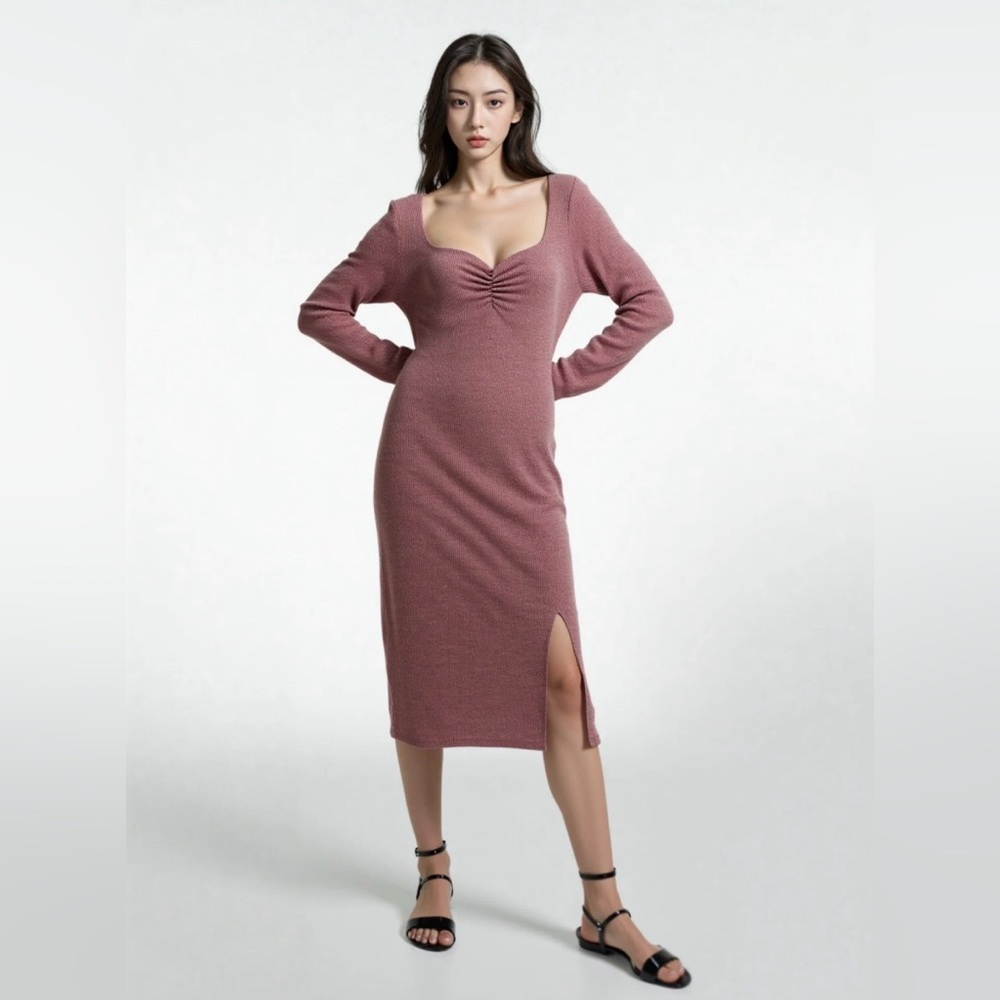 INC International Concepts Ribbed Knit Midi Dress Side Slit Size Large Mauve NWT